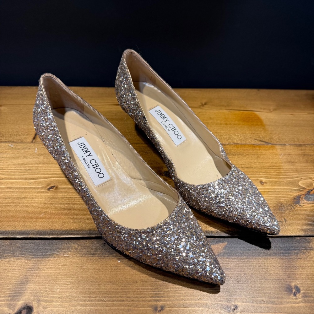 Jimmy Choo AZA Coarse Glitter Pumps Gold Pointed Toe Kitten Heels Italy 36